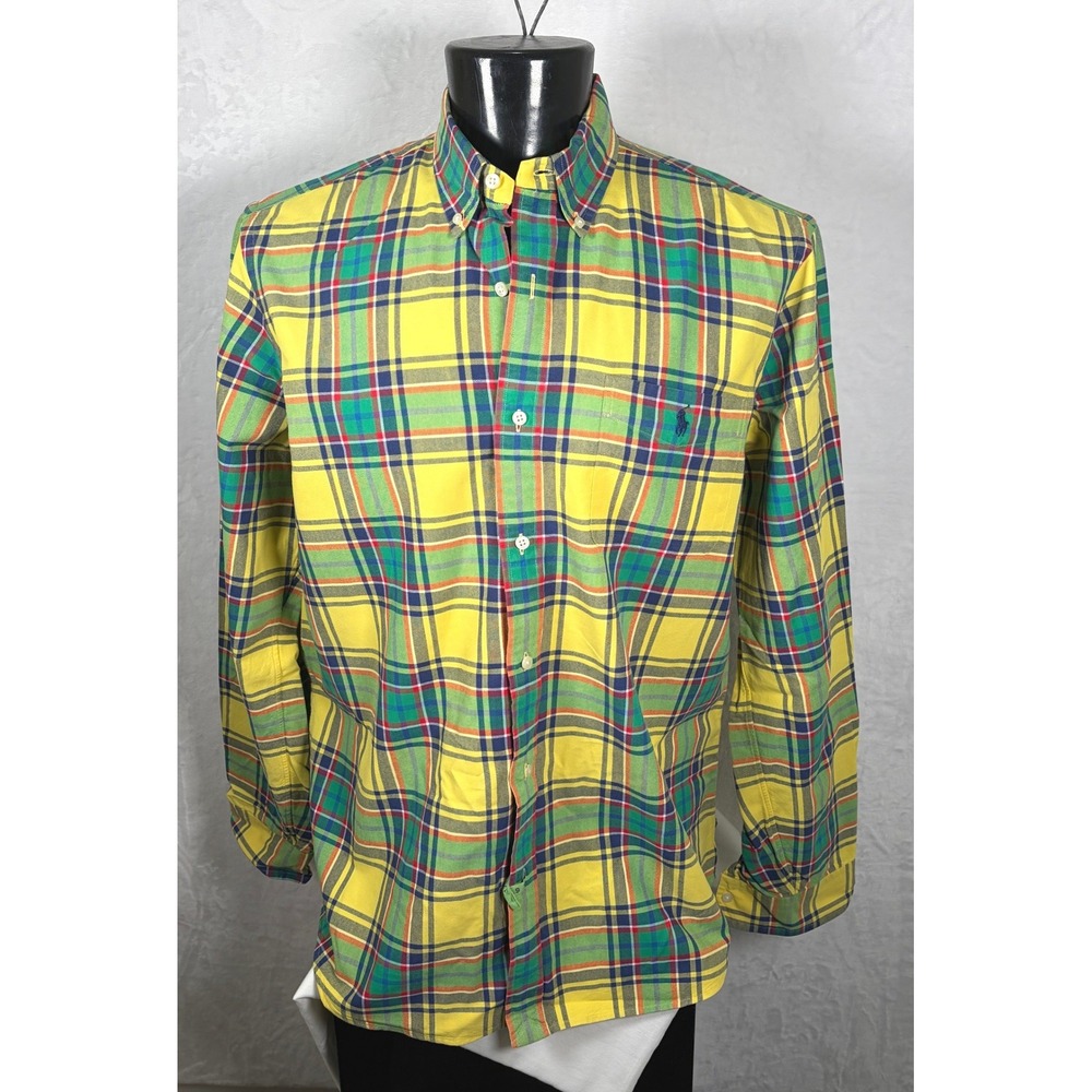 Polo Ralph Lauren Mens Classic Fit Button Down Shirt Yellow Green Plaid Size XL